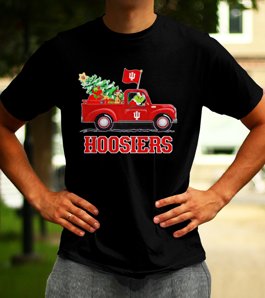 Grinch Driving Indiana Hoosiers Christmas Truck With Holiday Tree T-Shirt