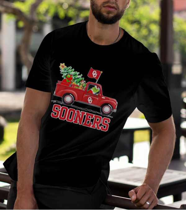 Grinch Driving Red Truck With Christmas Tree Oklahoma Sooners T-Shirt