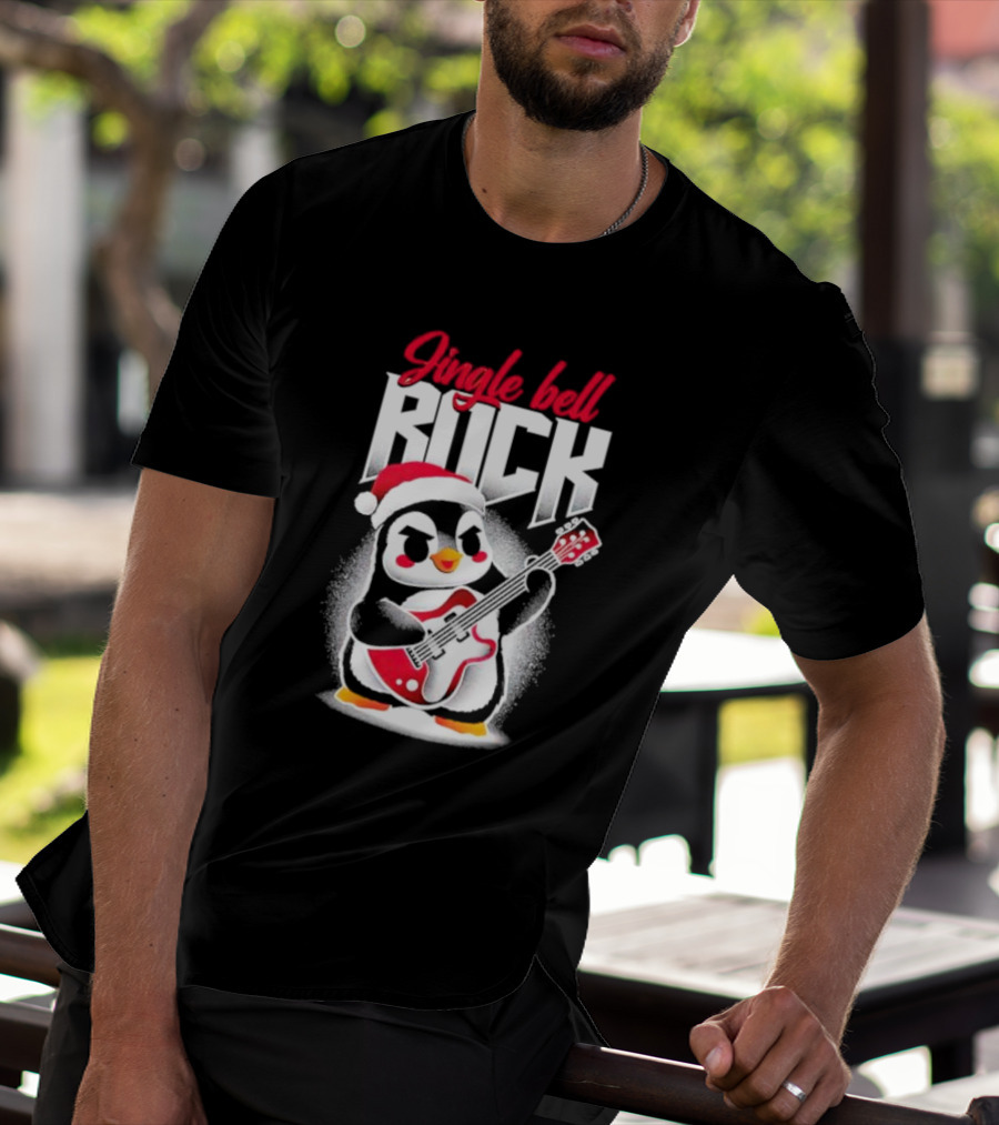 Jingle Bell Rock Penguin Playing Christmas Guitar In Santa Hat T-Shirt