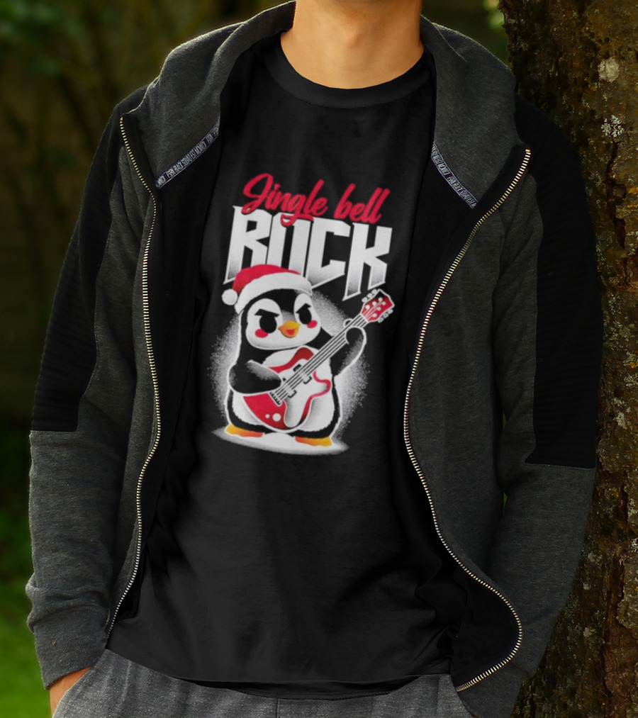 Jingle Bell Rock Penguin Playing Christmas Guitar In Santa Hat T-Shirt