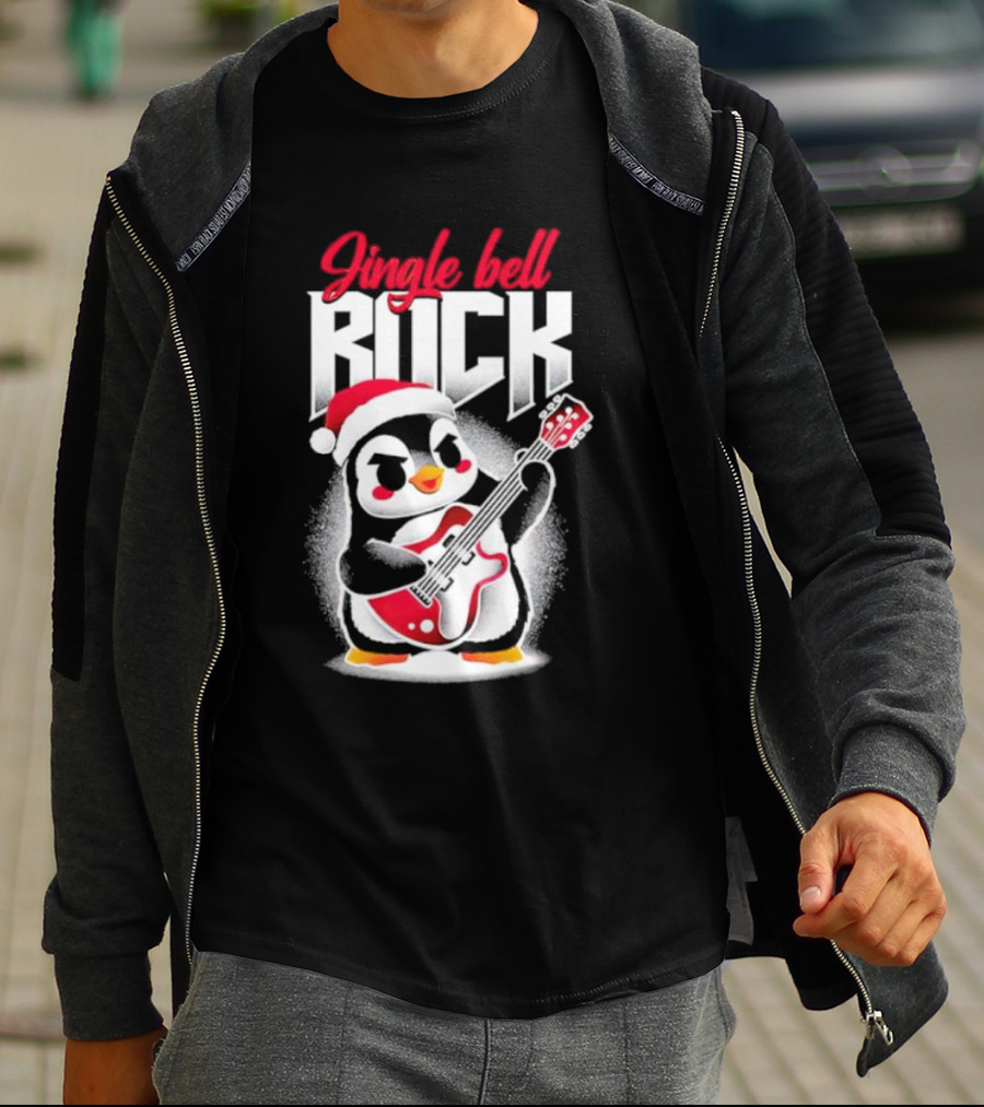 Jingle Bell Rock Penguin Playing Christmas Guitar In Santa Hat T-Shirt