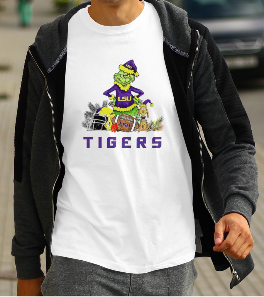 LSU Tigers Grinch And Max Dog Christmas Football T-Shirt