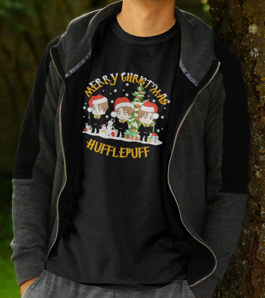 Merry Christmas Hufflepuff Characters With Santa Hats And Christmas Tree T-Shirt