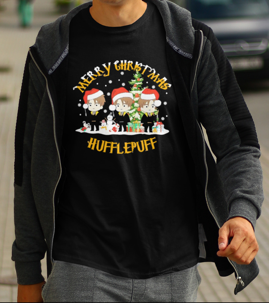 Merry Christmas Hufflepuff Characters With Santa Hats And Christmas Tree T-Shirt