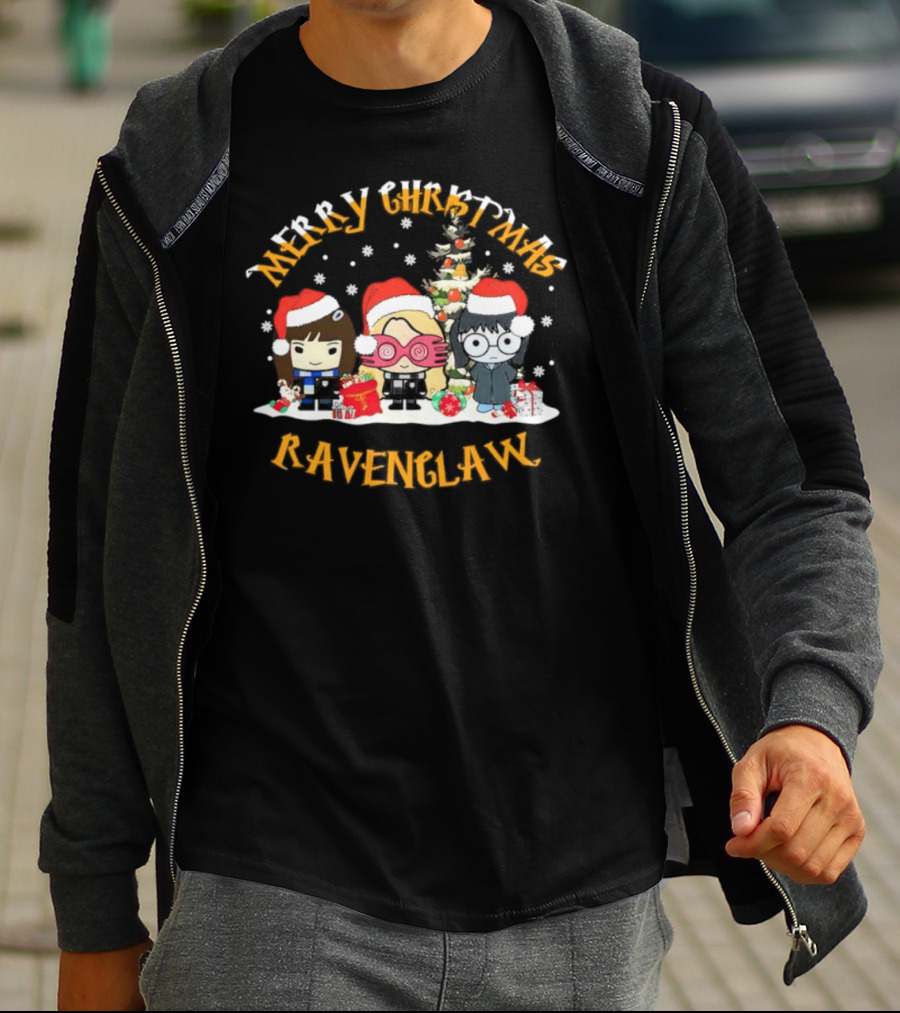 Merry Christmas Ravenclaw Characters With Santa Hats And Christmas Tree T-Shirt