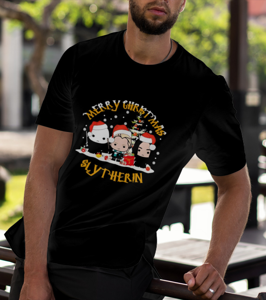 Merry Christmas Slytherin Characters With Holiday Tree And Santa Hats T-Shirt