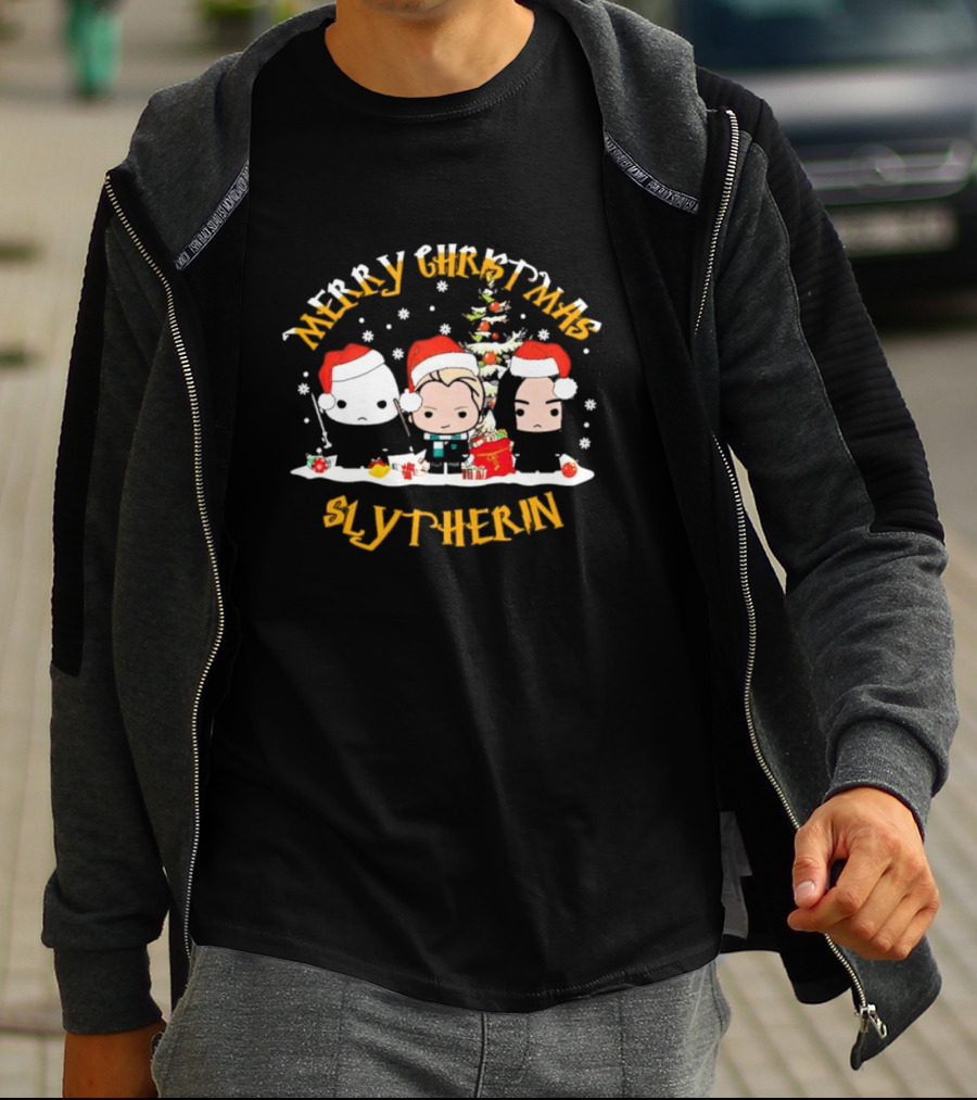 Merry Christmas Slytherin Characters With Holiday Tree And Santa Hats T-Shirt