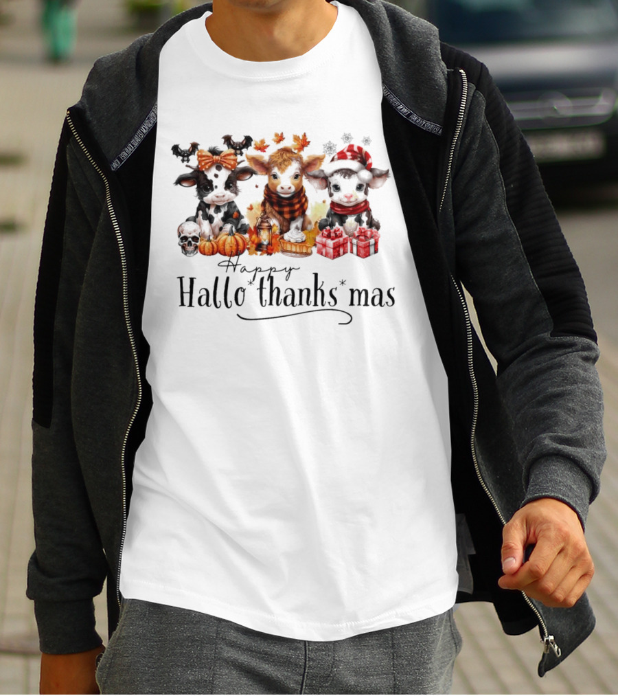 Happy HalloThanksMas Baby Cows With Pumpkins And Gifts T-Shirt