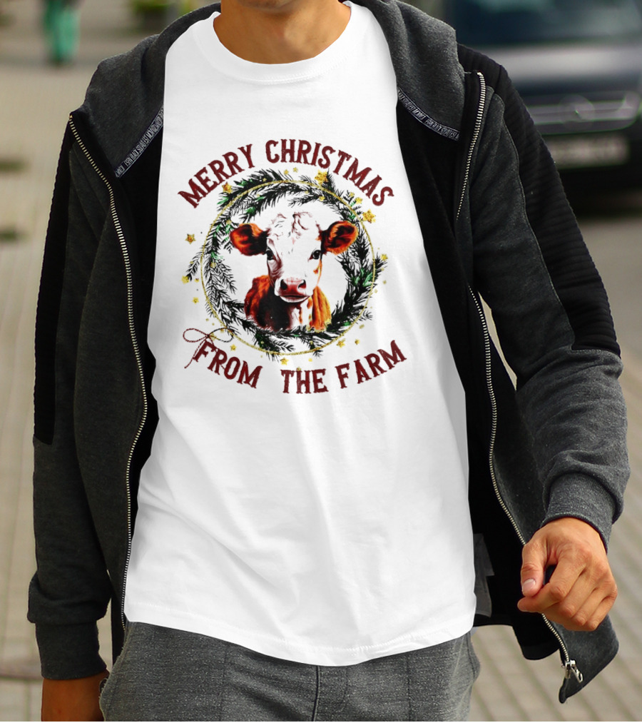 Merry Christmas Cow Wreath From The Farm T-Shirt