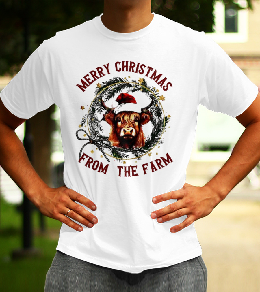 Merry Christmas From The Farm Cow Highland Christmas Wreath T-Shirt