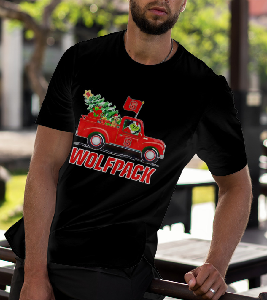 Grinch Driving NC State Wolfpack Christmas Truck With Tree And Flag T-Shirt