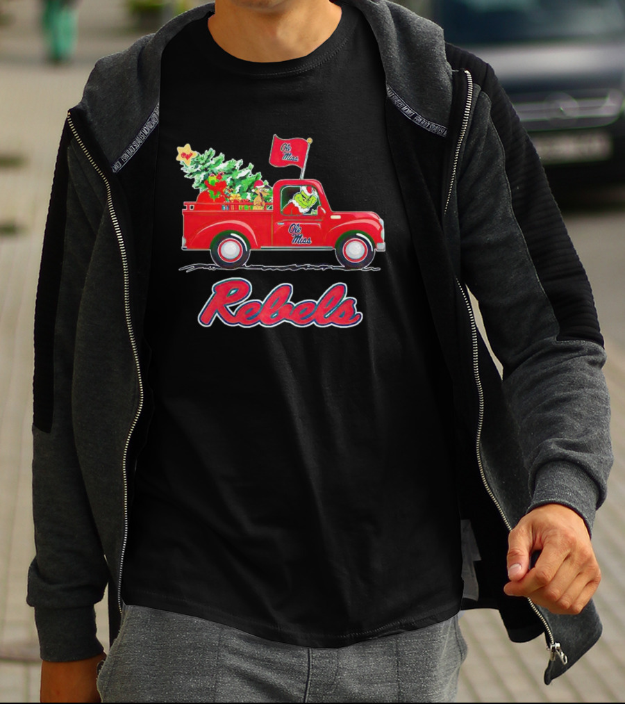 Ole Miss Rebels Grinch Driving Christmas Truck With Tree And Gifts T-Shirt