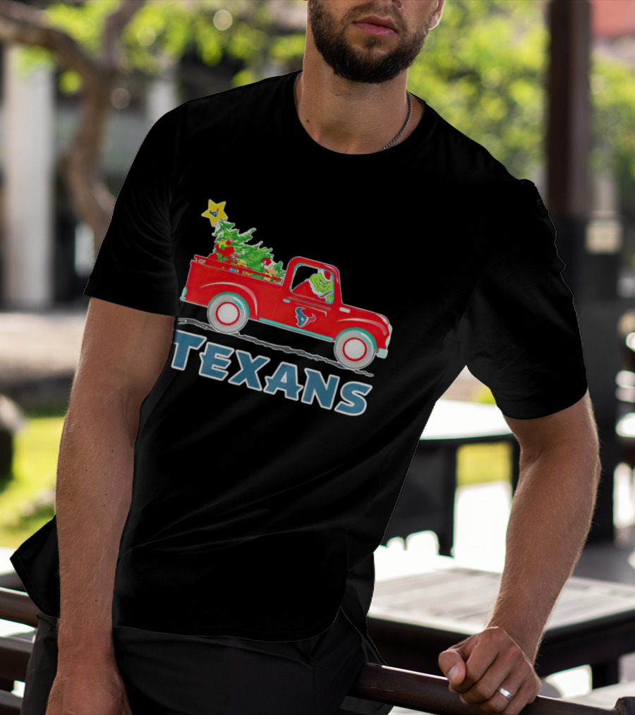 Grinch Driving Red Christmas Truck With Houston Texans T-Shirt