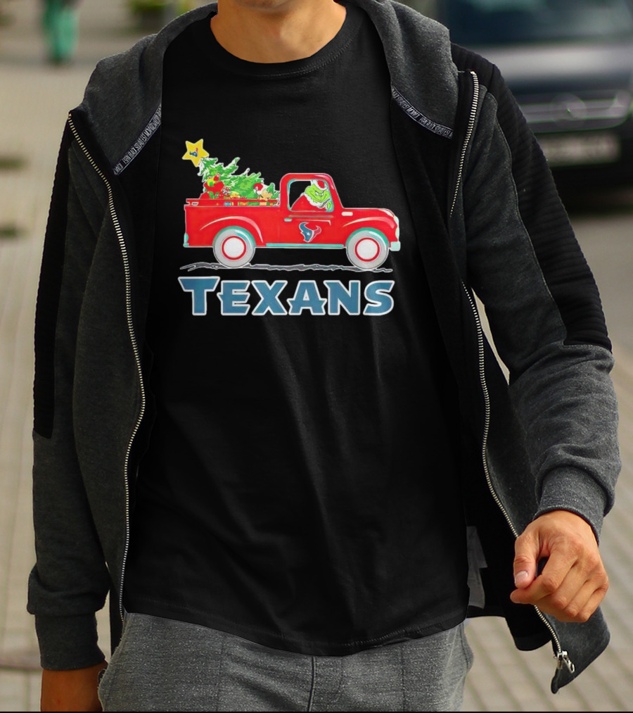 Grinch Driving Red Christmas Truck With Houston Texans T-Shirt