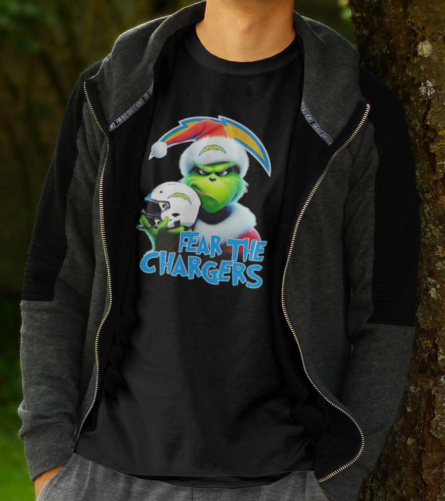 Grinch Santa Holding Los Angeles Chargers Helmet Fear The Chargers T-Shirt