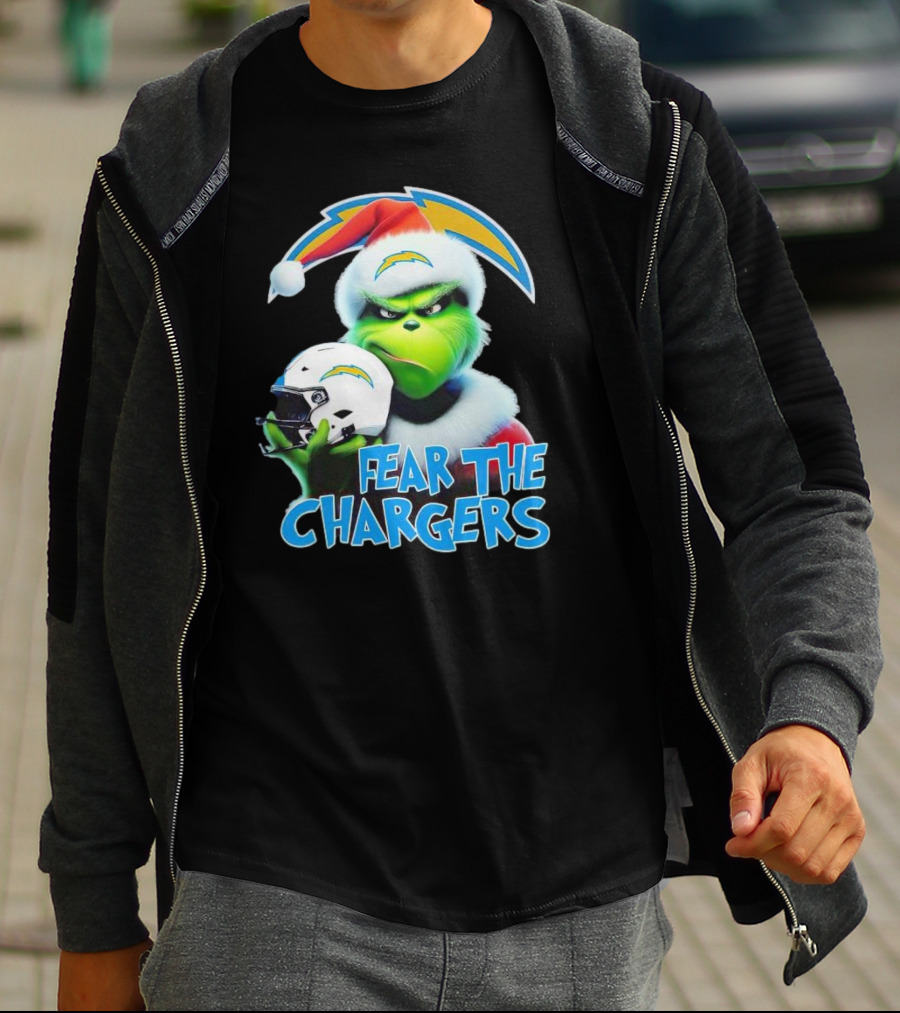 Grinch Santa Holding Los Angeles Chargers Helmet Fear The Chargers T-Shirt