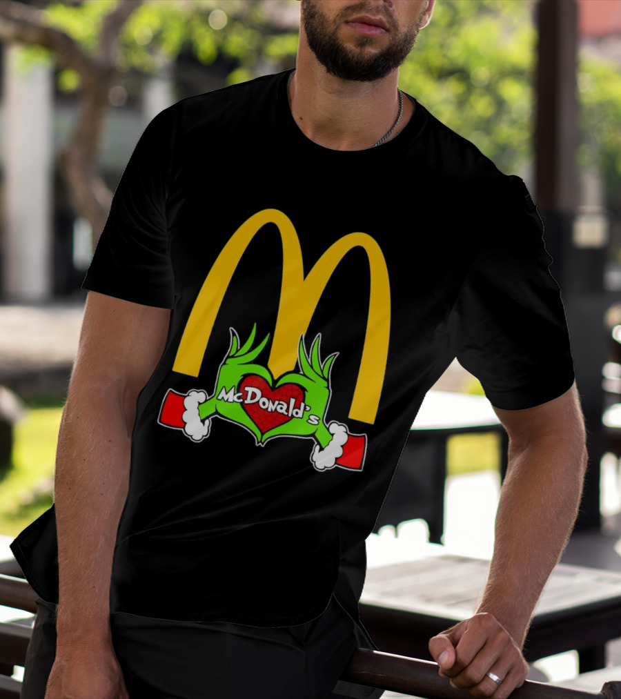 Grinch Holding Heart McDonald’s Logo Christmas T-Shirt