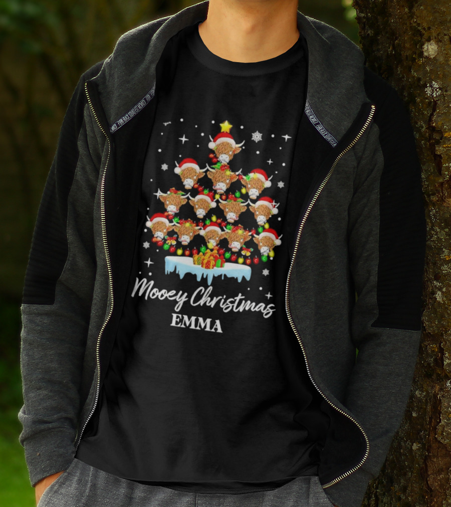 Mooey Christmas Highland Cow Tree Custom Name Emma T-Shirt