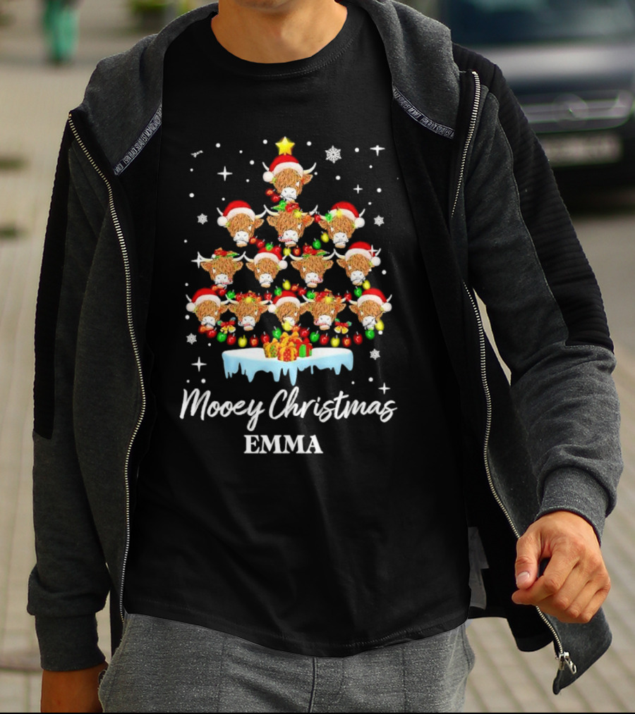 Mooey Christmas Highland Cow Tree Custom Name Emma T-Shirt