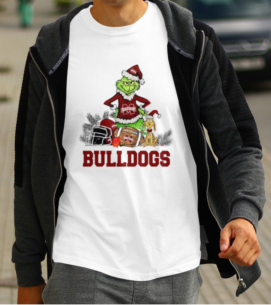 Bulldogs Grinch Max Dog Christmas Football Santa Hat T-Shirt