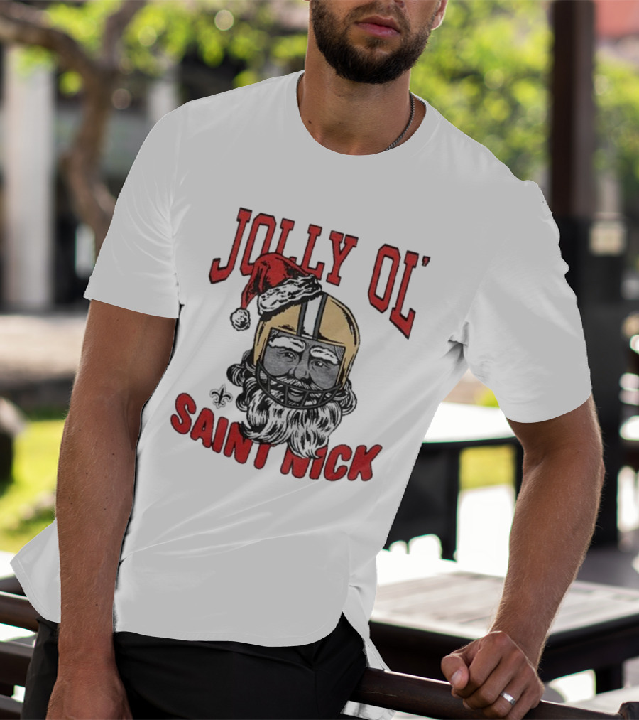 New Orleans Saints Jolly Ol’ Saint Nick With Santa Hat And Fleur-de-Lis Football Helmet Christmas T-Shirt