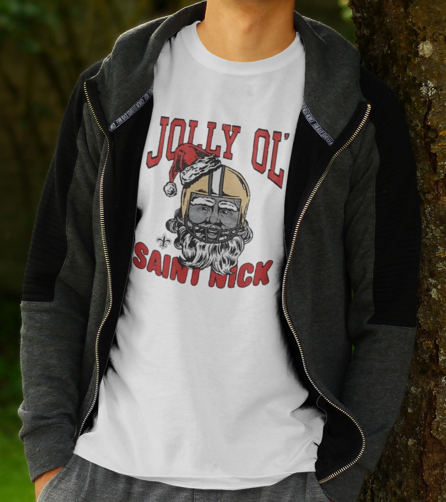 New Orleans Saints Jolly Ol’ Saint Nick With Santa Hat And Fleur-de-Lis Football Helmet Christmas T-Shirt