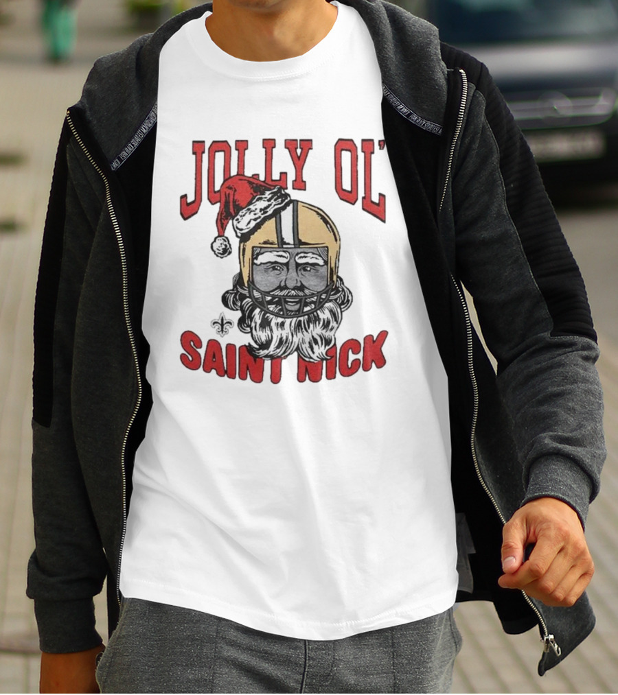 New Orleans Saints Jolly Ol’ Saint Nick With Santa Hat And Fleur-de-Lis Football Helmet Christmas T-Shirt