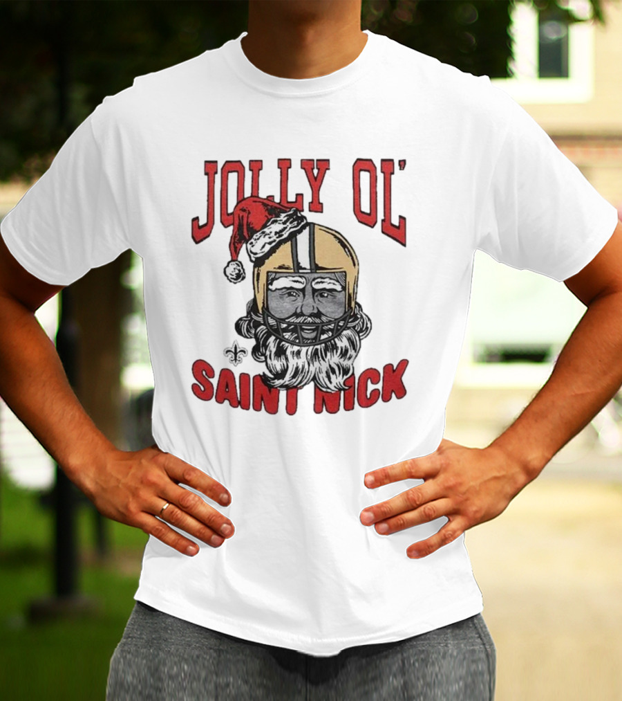 New Orleans Saints Jolly Ol’ Saint Nick With Santa Hat And Fleur-de-Lis Football Helmet Christmas T-Shirt