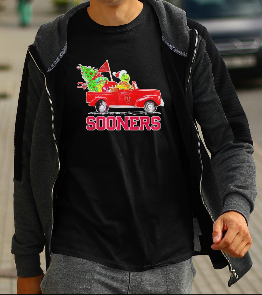 Sooners Grinch Driving Red Truck With Christmas Tree And Gifts T-Shirt