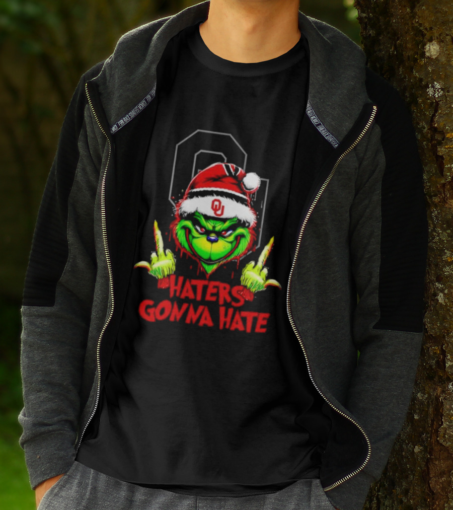 Oklahoma Sooners Grinch Haters Gonna Hate Middle Finger Santa Hat T-Shirt