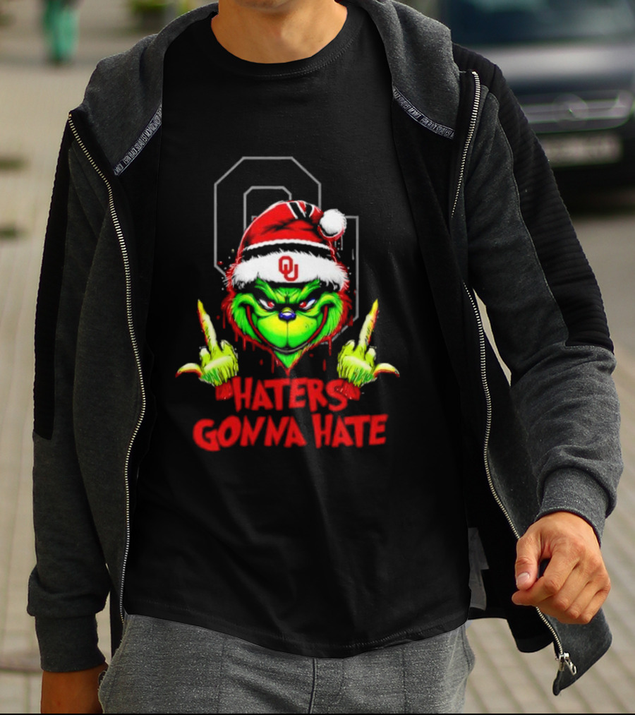 Oklahoma Sooners Grinch Haters Gonna Hate Middle Finger Santa Hat T-Shirt