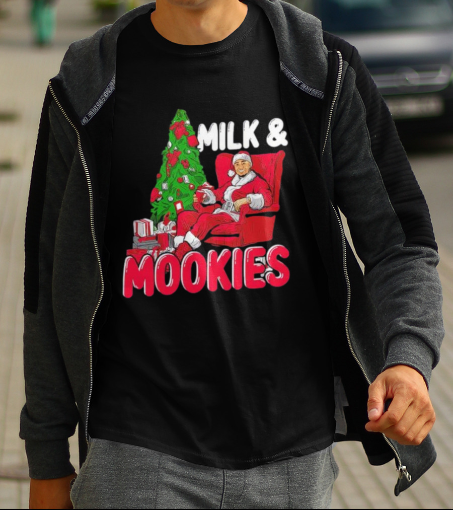 Christmas Milk And Mookies Santa By Tree T-Shirt