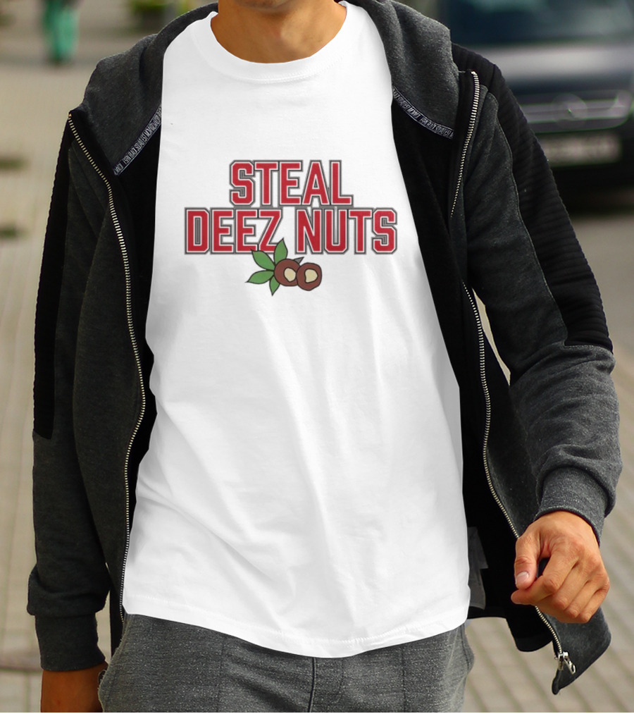 Steal Deez Nuts Christmas Humor Red Text With Hazelnuts And Leaves T-Shirt