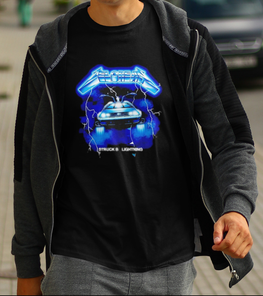Delorean Struck By Lightning Iconic Neon Blue Electric T-Shirt