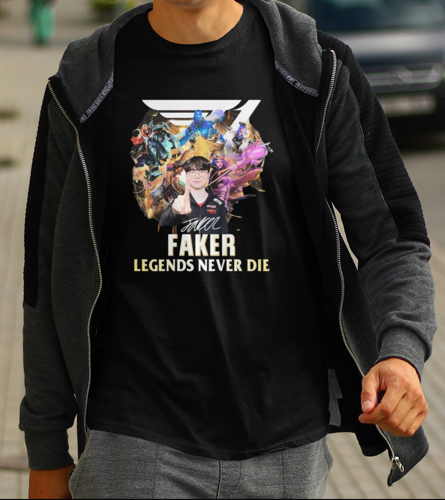Faker Signature Legends Never Die With Iconic League Characters T-Shirt
