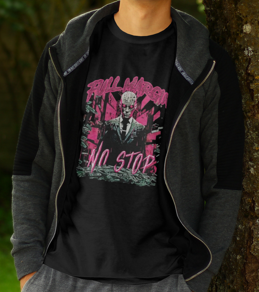 Full Margin No Stop Cyberpunk Businessman In Pink And Green Dystopian Cityscape T-Shirt