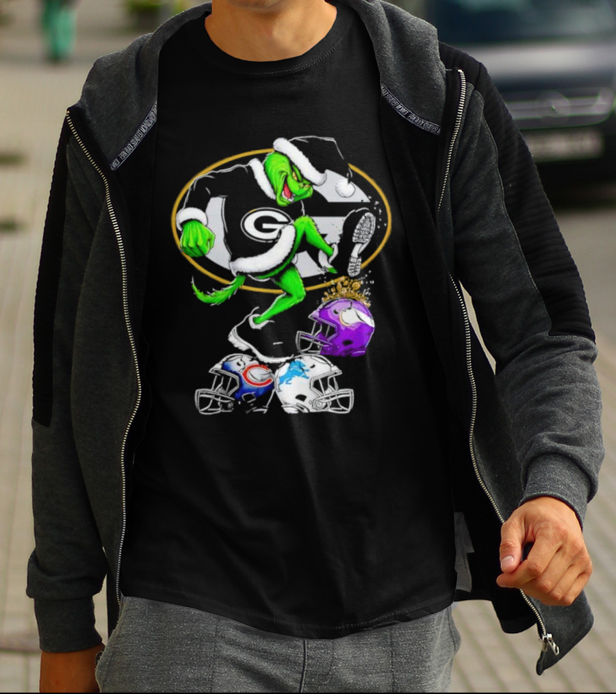 Green Bay Packers Grinch Santa Stepping On NFL Helmets Funny Christmas T-Shirt