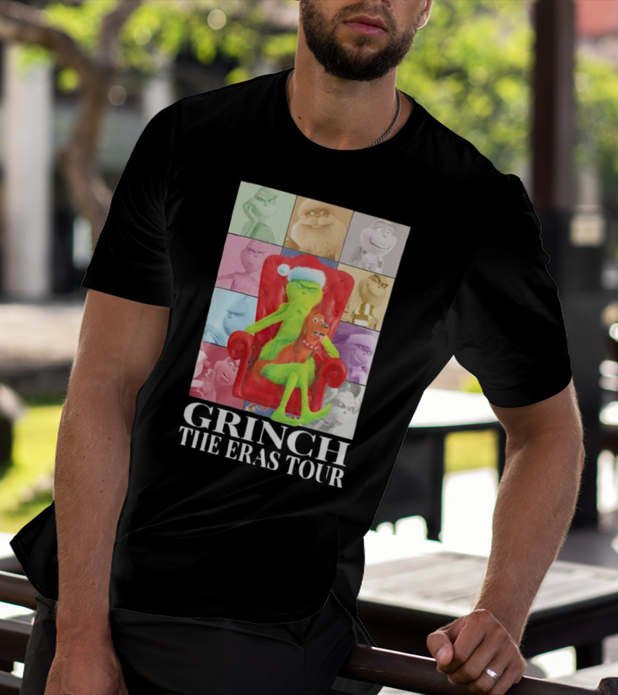 Grinch Christmas With Santa Hat Dog And Chair Icon Collage T-Shirt