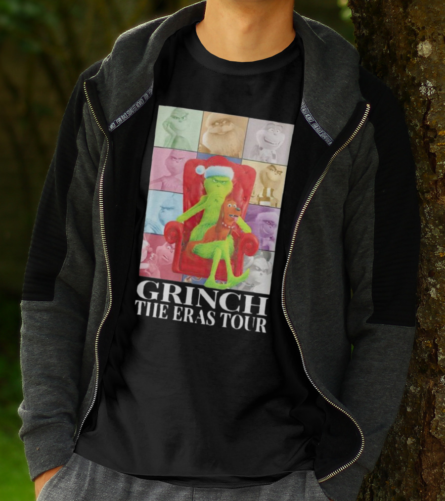 Grinch Christmas With Santa Hat Dog And Chair Icon Collage T-Shirt