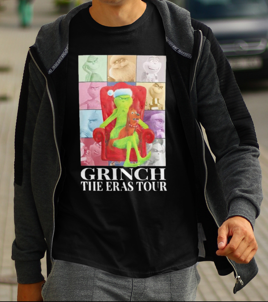 Grinch Christmas With Santa Hat Dog And Chair Icon Collage T-Shirt