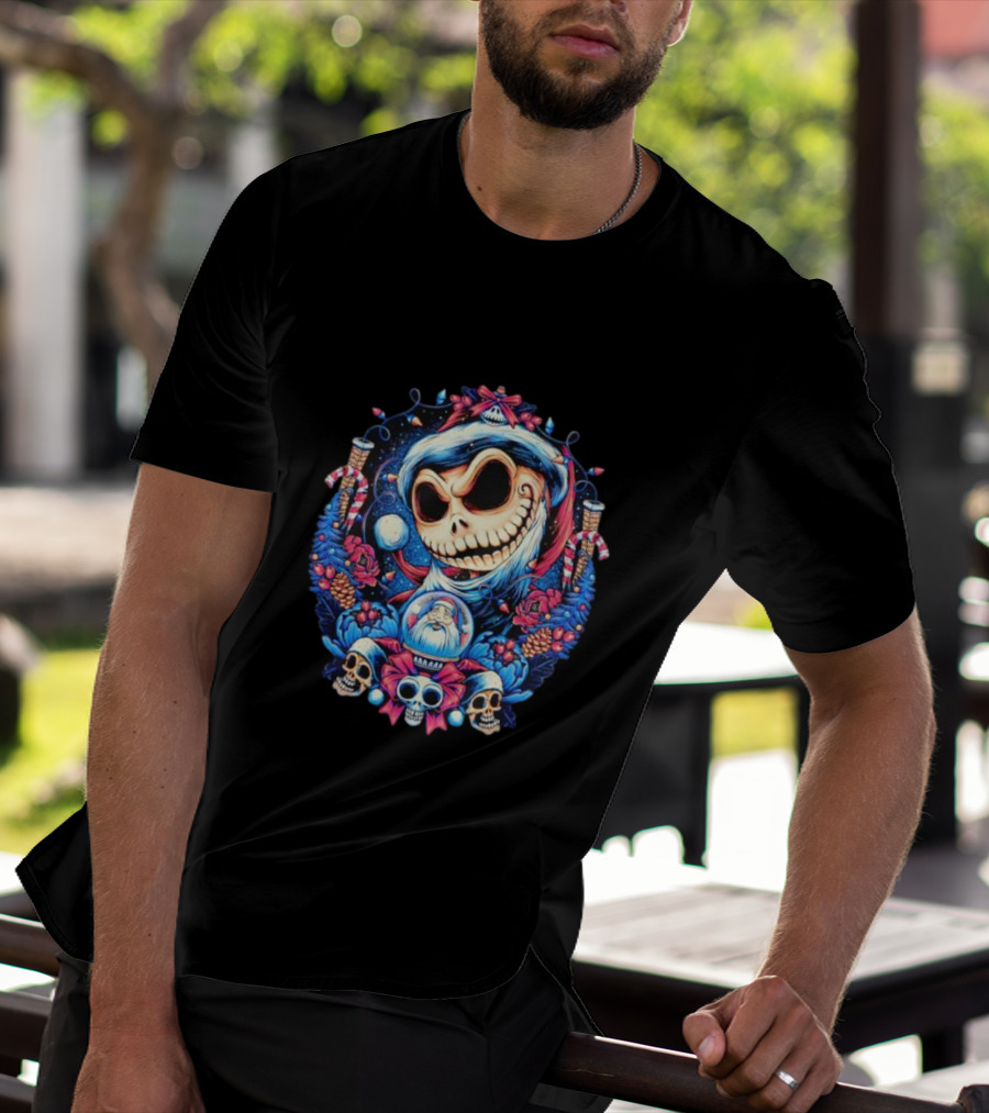 Jack Skellington Christmas Santa Skull Wreath Candy Cane Holiday T-Shirt