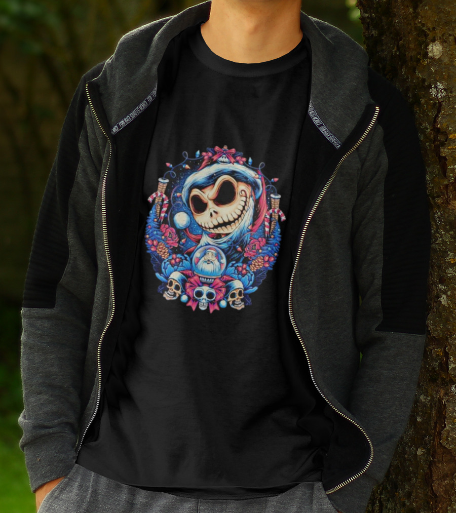Jack Skellington Christmas Santa Skull Wreath Candy Cane Holiday T-Shirt