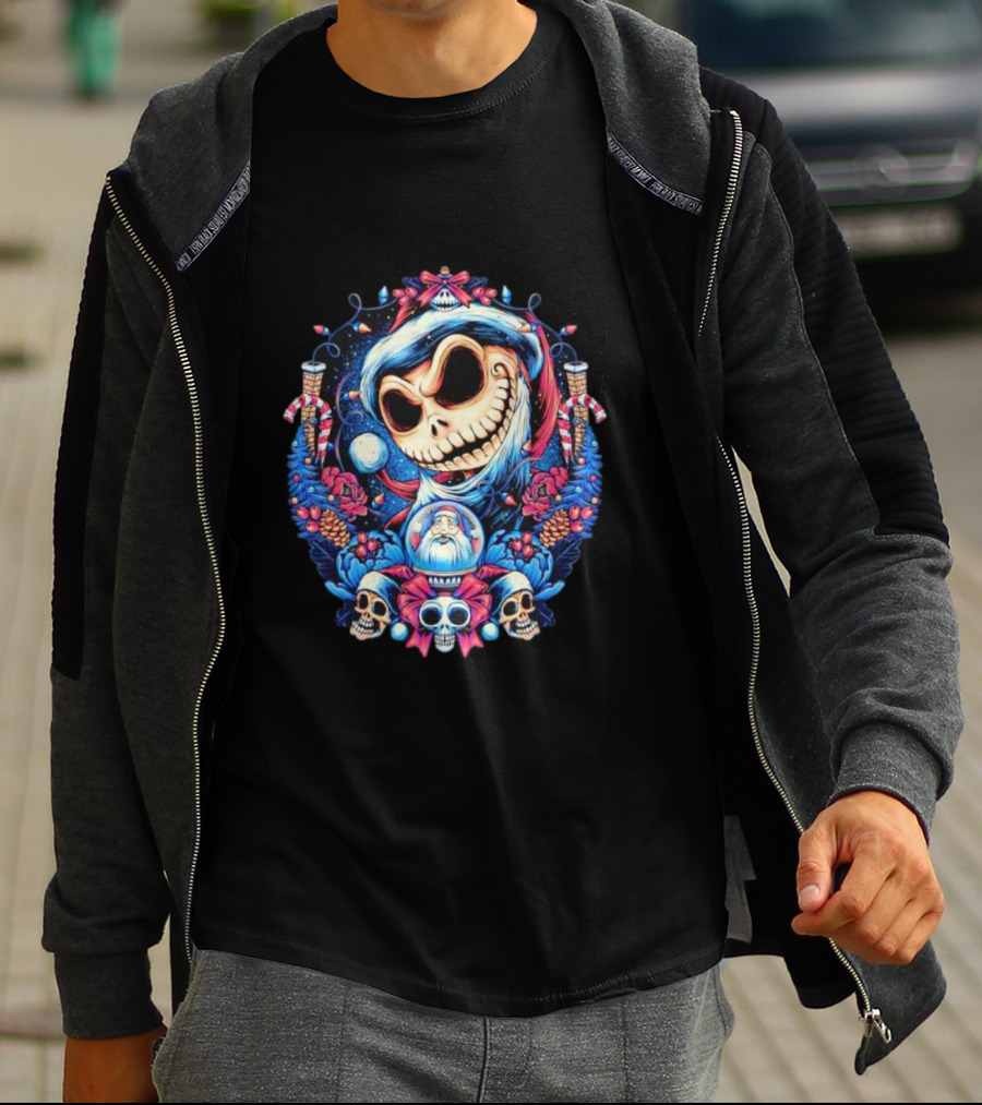 Jack Skellington Christmas Santa Skull Wreath Candy Cane Holiday T-Shirt