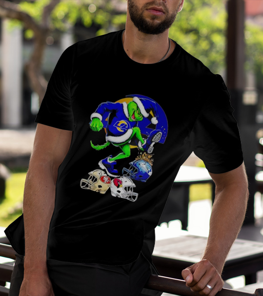 Los Angeles Rams Grinch Stomping NFL Helmets Christmas Funny Santa T-Shirt