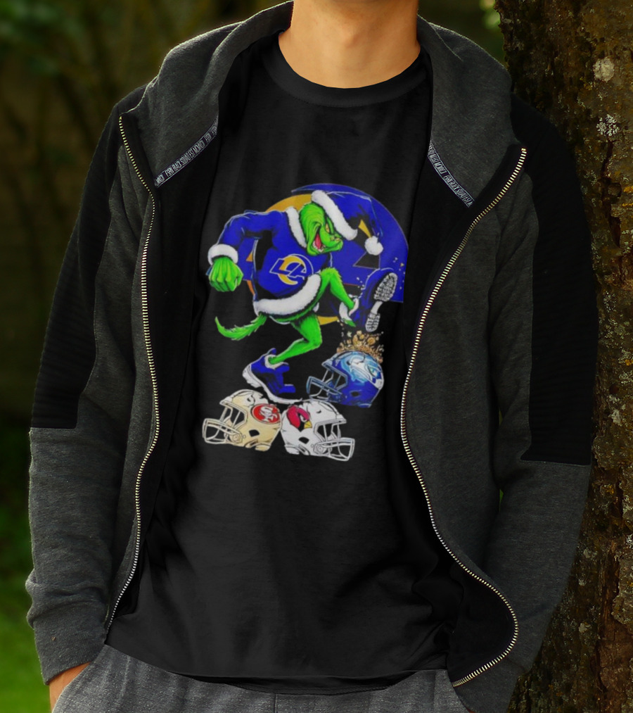 Los Angeles Rams Grinch Stomping NFL Helmets Christmas Funny Santa T-Shirt