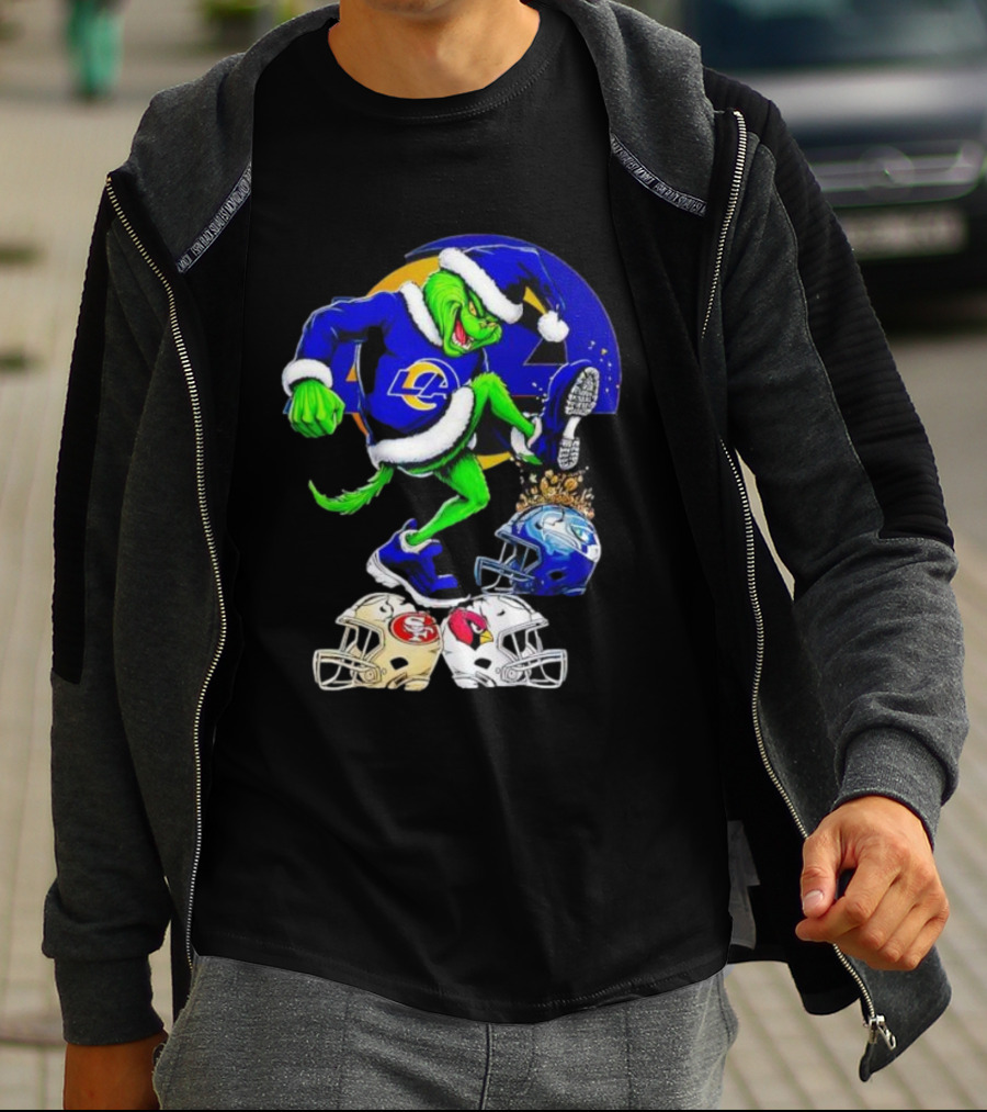 Los Angeles Rams Grinch Stomping NFL Helmets Christmas Funny Santa T-Shirt
