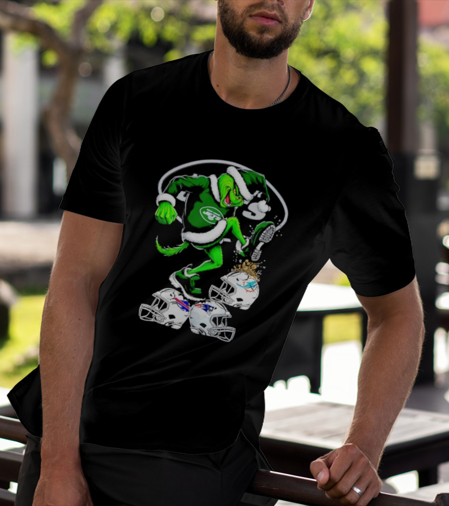 New York Jets Grinch Santa Stomping NFL Helmets Funny Christmas T-Shirt