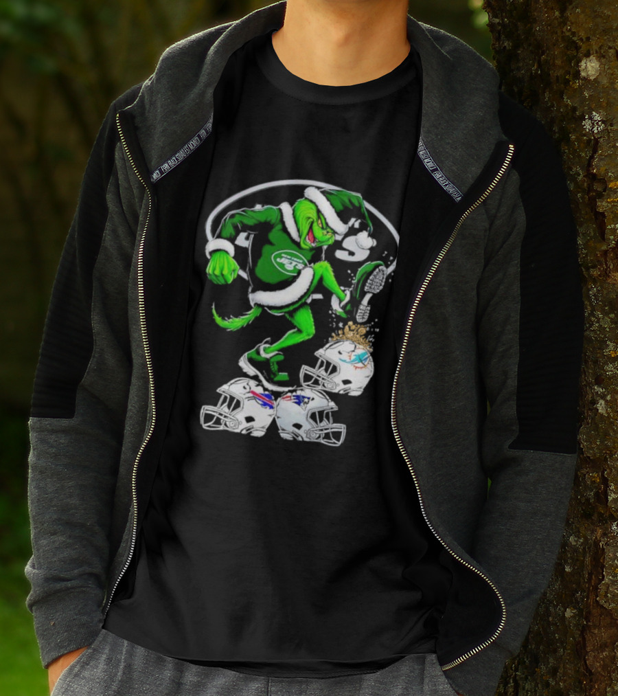 New York Jets Grinch Santa Stomping NFL Helmets Funny Christmas T-Shirt