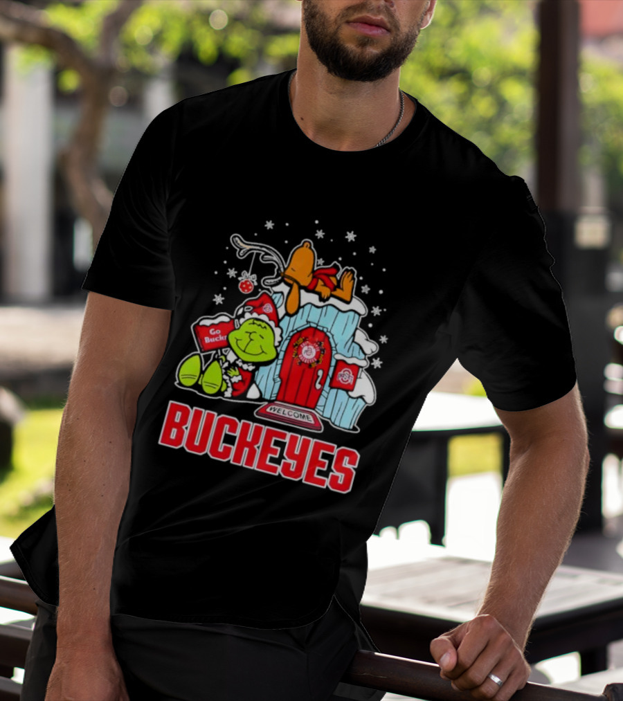 Peanuts Grinch Ohio State Buckeyes Go Bucs Merry Xmas Snoopy Woodstock T-Shirt