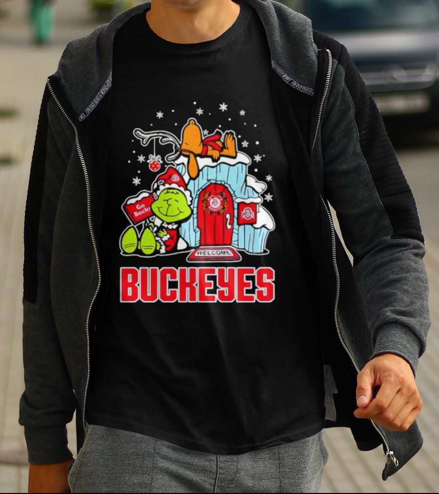 Peanuts Grinch Ohio State Buckeyes Go Bucs Merry Xmas Snoopy Woodstock T-Shirt